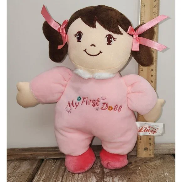 Linzy My First Doll Plush Stuffed Rag Baby Doll Brunette Pigtails Pink 10 Inches - Picture 3 of 3